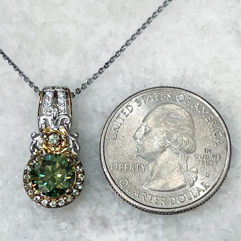 Green and White Moissanite Green Sapphire Sterling Silver Pendant 20” Necklace - Picture 11 of 11